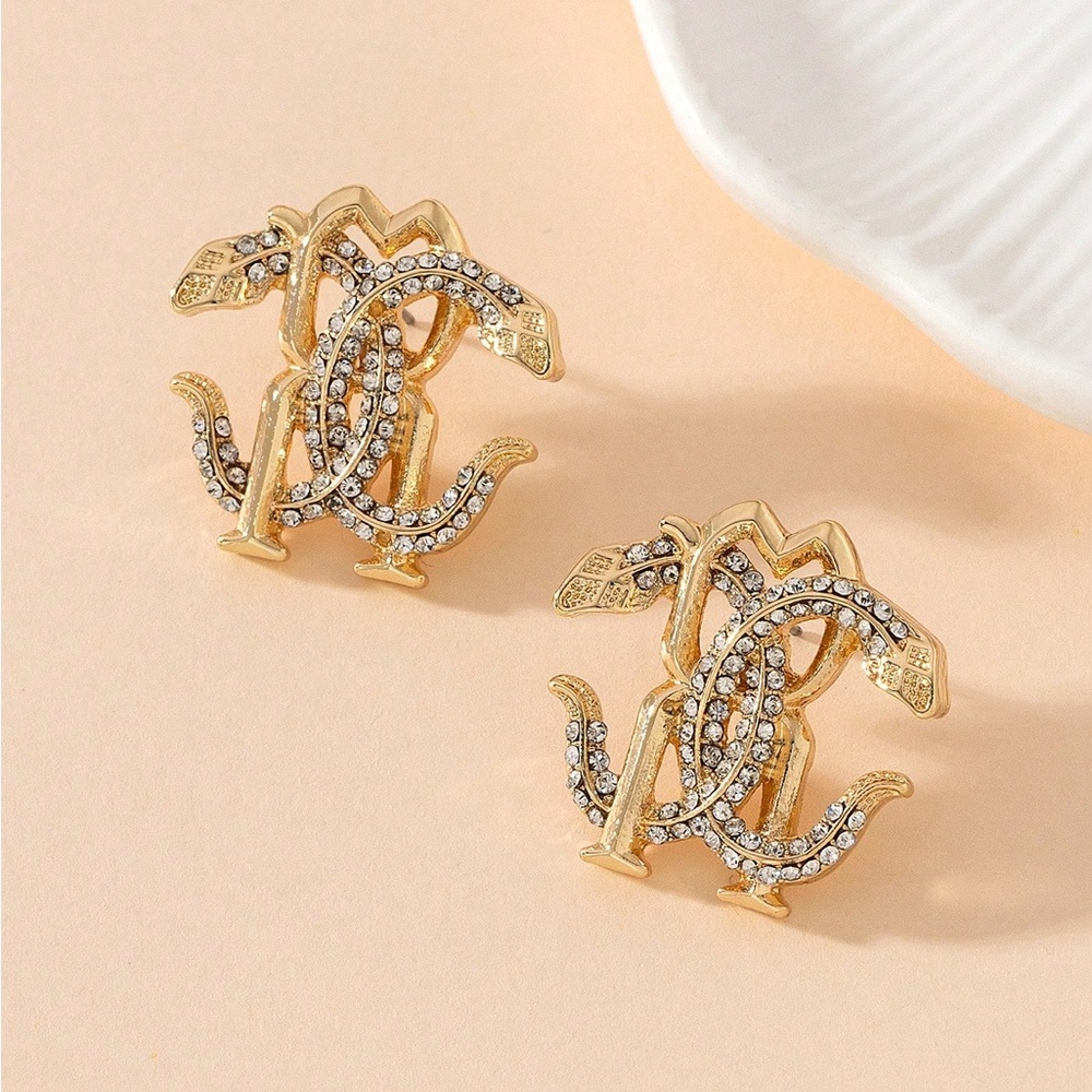 Goldtone Snake Earrings Double Rhinestones C Fashion Luxury Letter Initial New